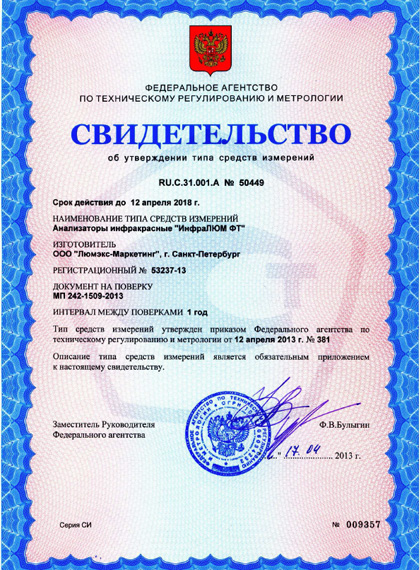 Свидетельство об утверждении типа СИ на ИК-спектрометры «Люмэкс» ИнфраЛЮМ ФТ-12